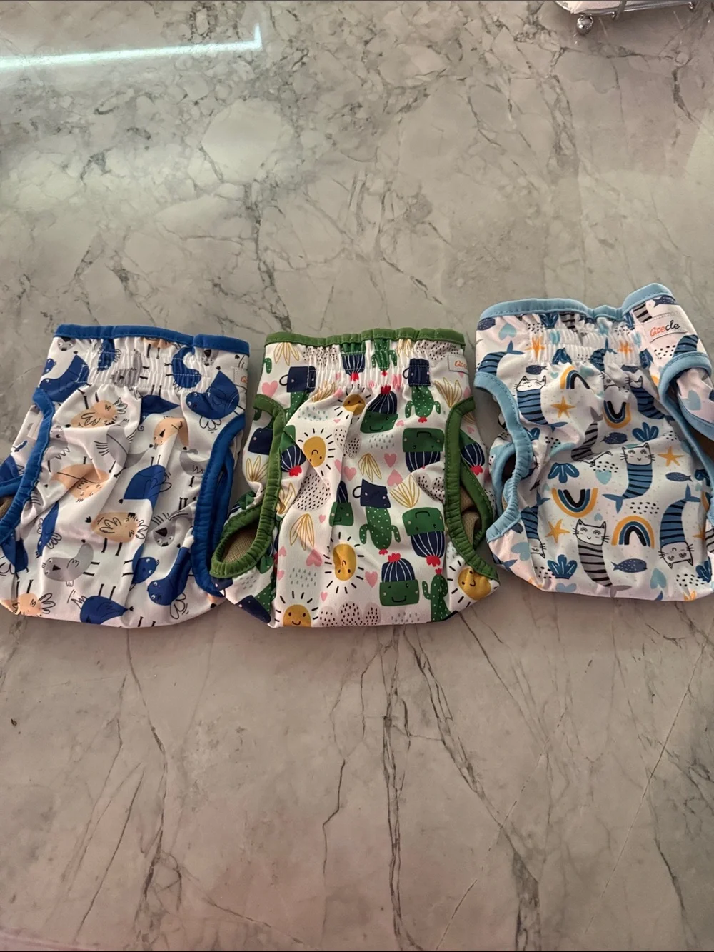 Set of 3 Printed Reusable Dog Diapers — Blue, Green, Teal Accents